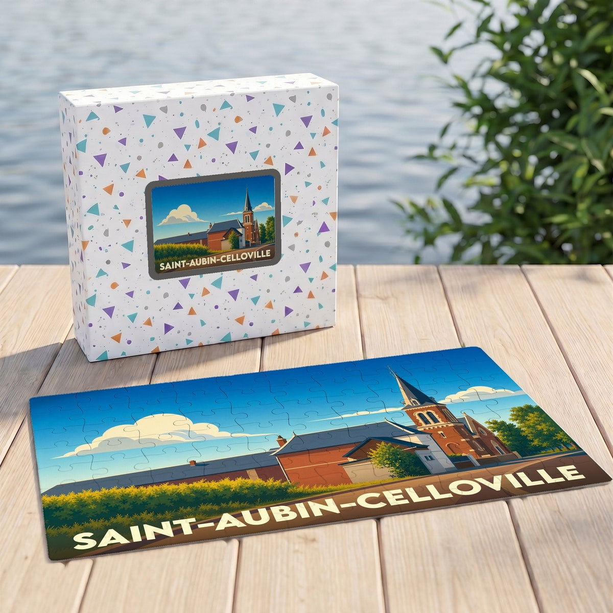 Puzzle souvenir de la ville de Saint-Aubin-Celloville avec une illustration stylisée.
