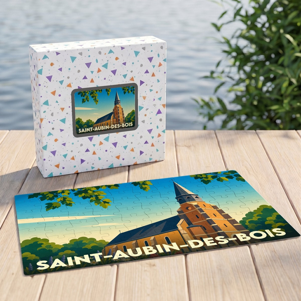 Puzzle souvenir de la ville de Saint-Aubin-des-Bois avec une illustration stylisée de son église.