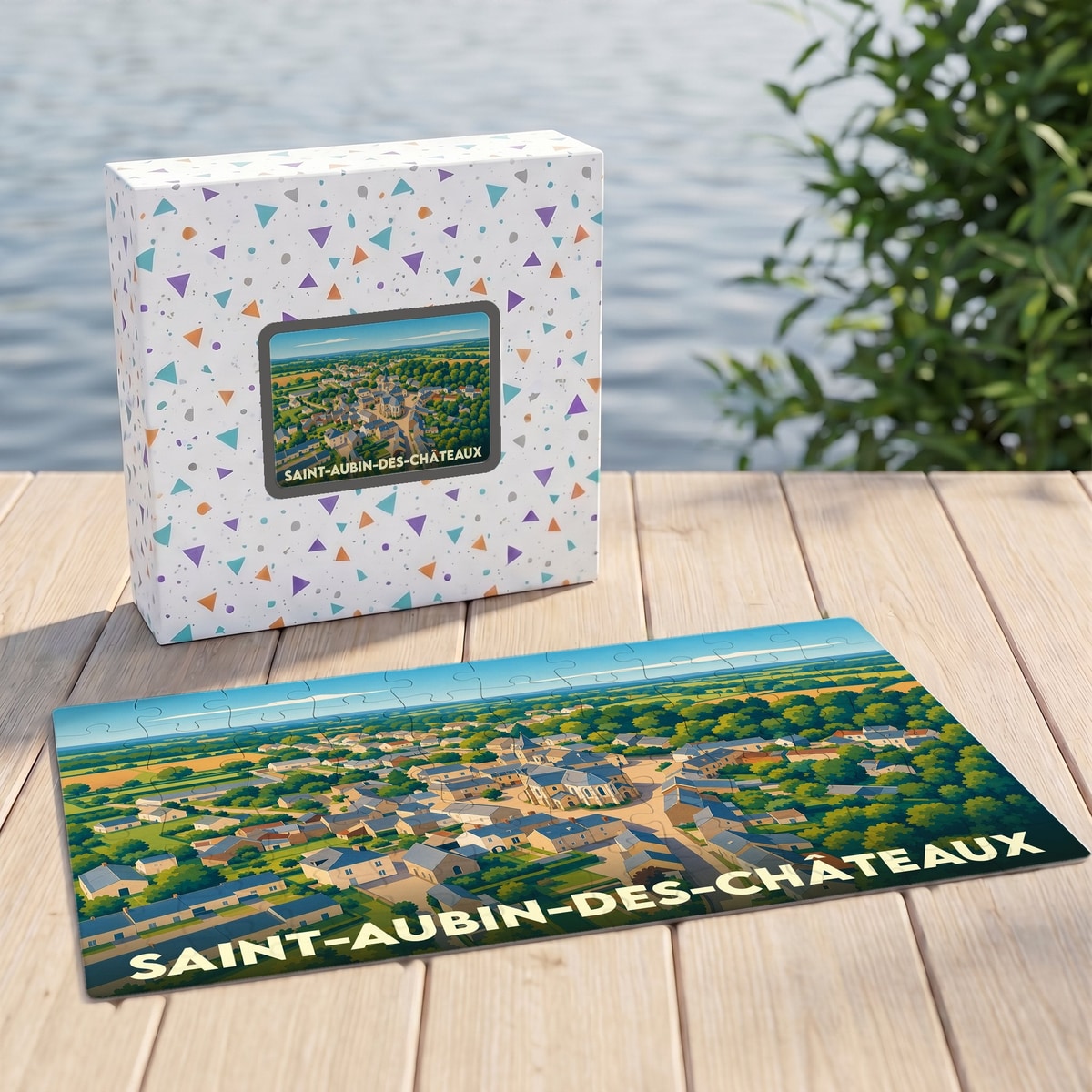 Puzzle souvenir de la commune de Saint-Aubin-des-Châteaux avec une illustration panoramique stylisée.