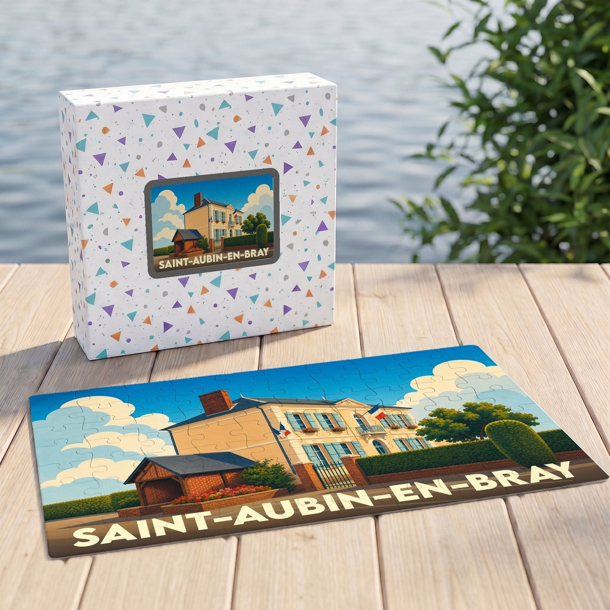Puzzle souvenir de la ville de Saint-Aubin-en-Bray avec une illustration stylisée de sa mairie.