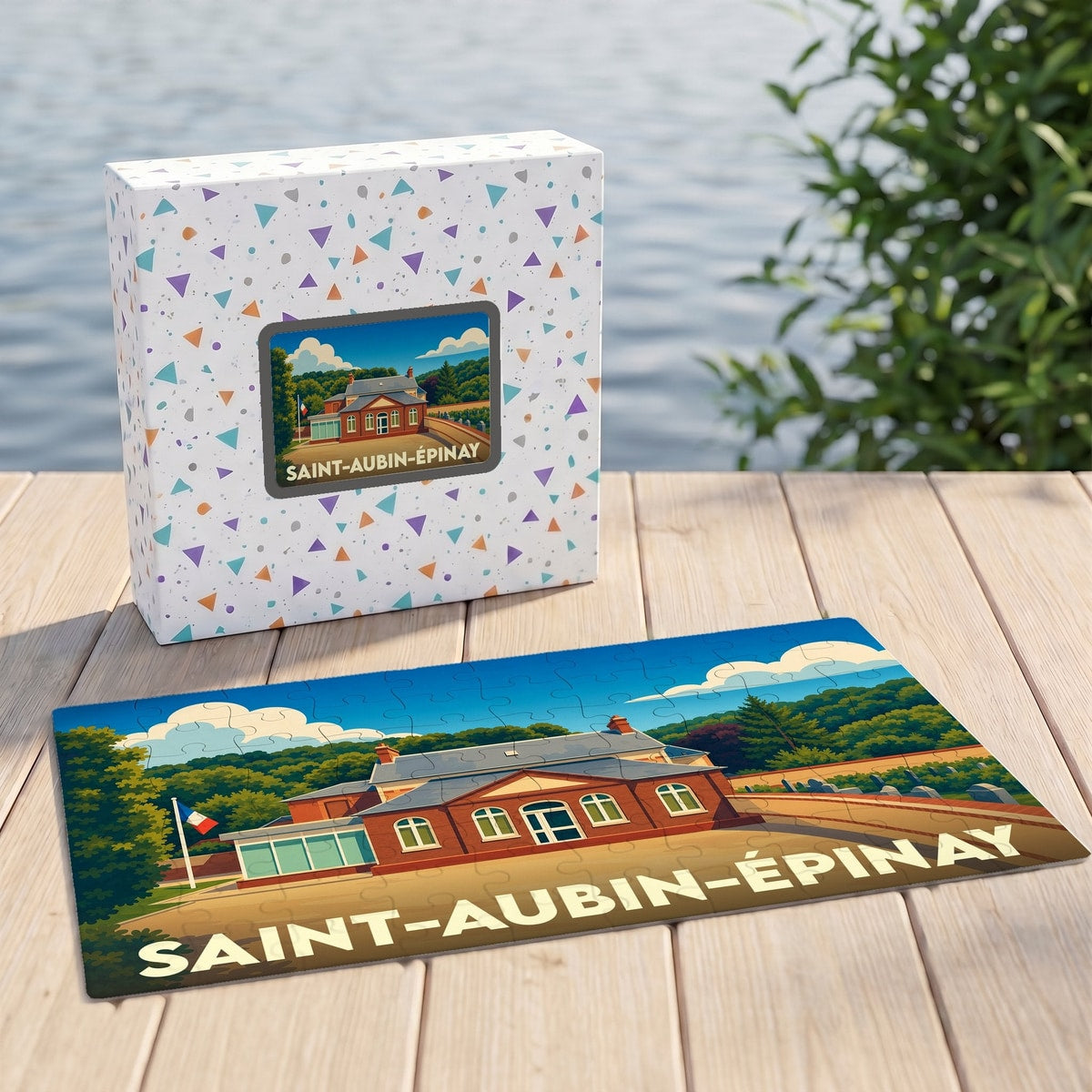 Puzzle souvenir de la ville de Saint-Aubin-Épinay avec une illustration stylisée.