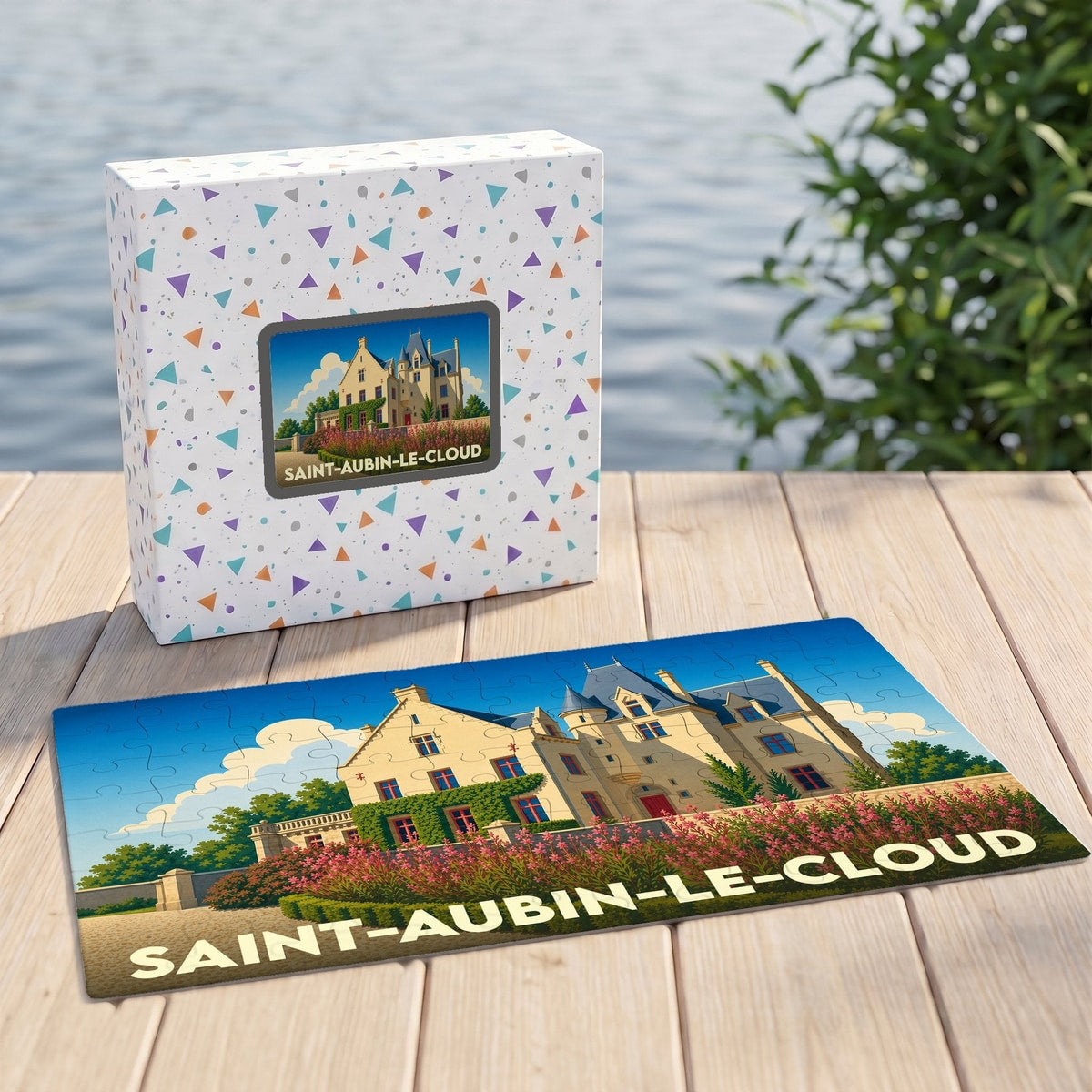 Puzzle souvenir de la ville de Saint-Aubin-le-Cloud avec une illustration stylisée de son château.