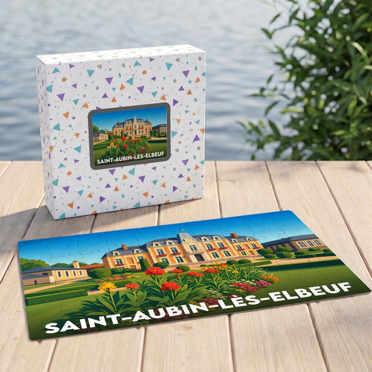 Puzzle souvenir de la ville de Saint-Aubin-lès-Elbeuf illustré par une vue colorée de son hôtel de ville fleuri.