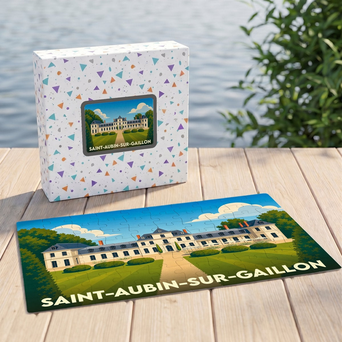 Puzzle souvenir de la ville de Saint-Aubin-sur-Gaillon avec une illustration stylisée d'un château.