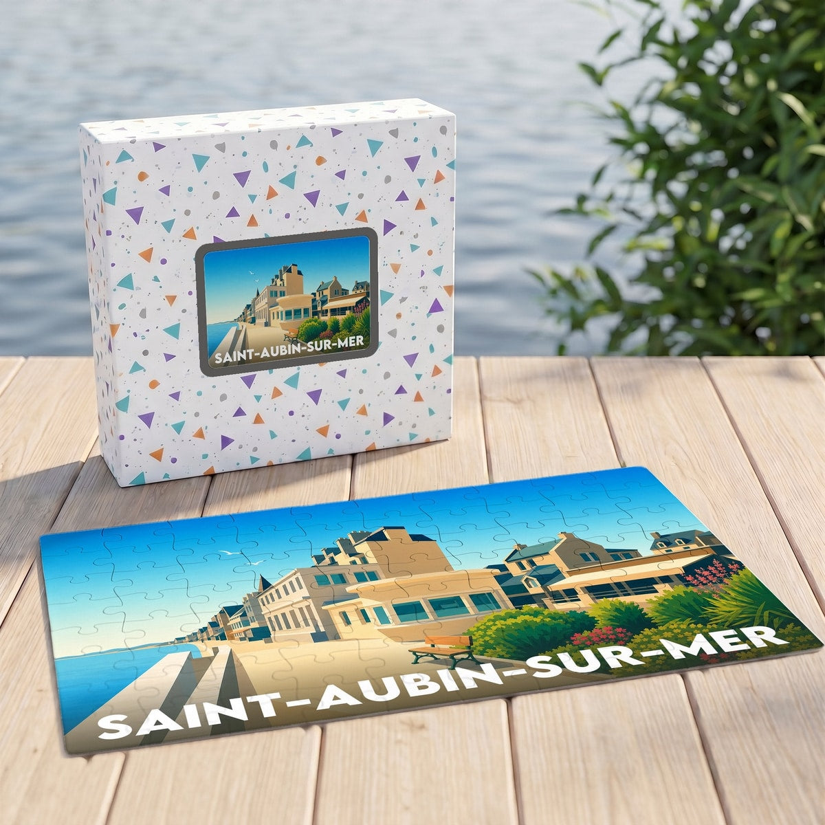 Puzzle souvenir de la ville de Saint-Aubin-sur-Mer avec une illustration stylisée du front de mer.