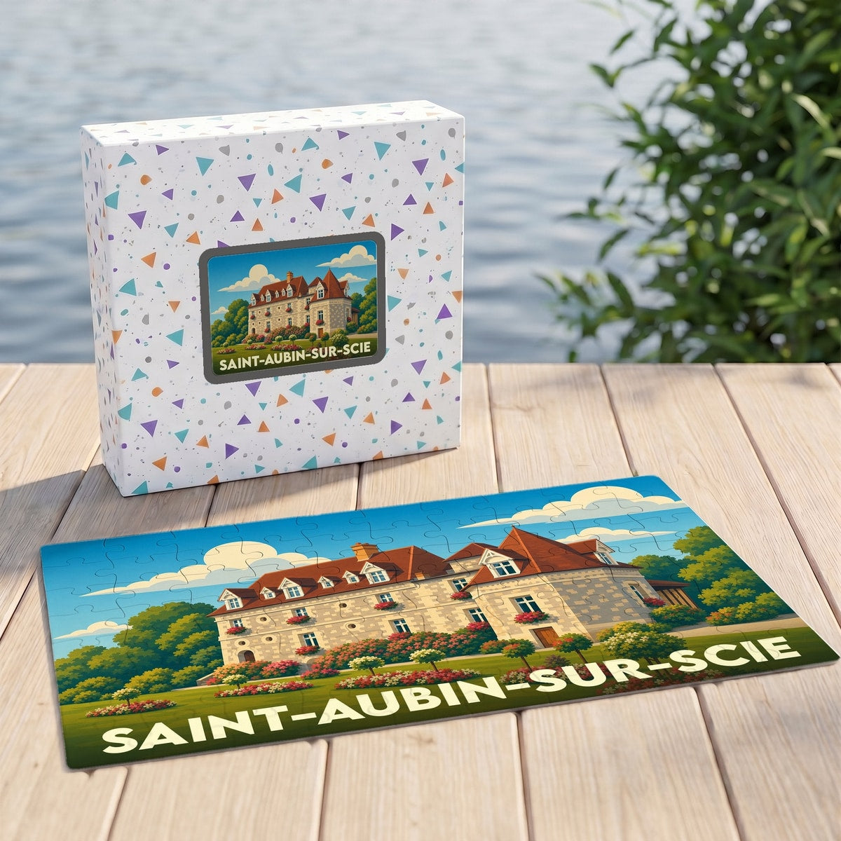 Puzzle souvenir de la ville de Saint-Aubin-sur-Scie avec une illustration stylisée d'un manoir normand.