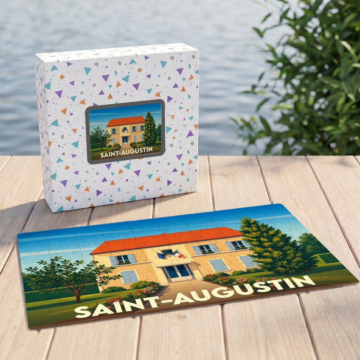 Puzzle souvenir de la ville de Saint-Augustin avec une illustration stylisée d'une maison de campagne.