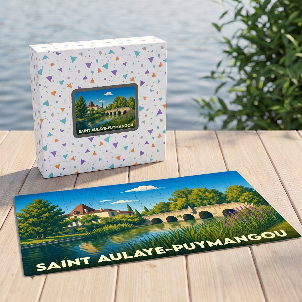 Puzzle souvenir de la ville de Saint Aulaye-Puymangou avec une illustration stylisée d'un pont et d'une rivière.