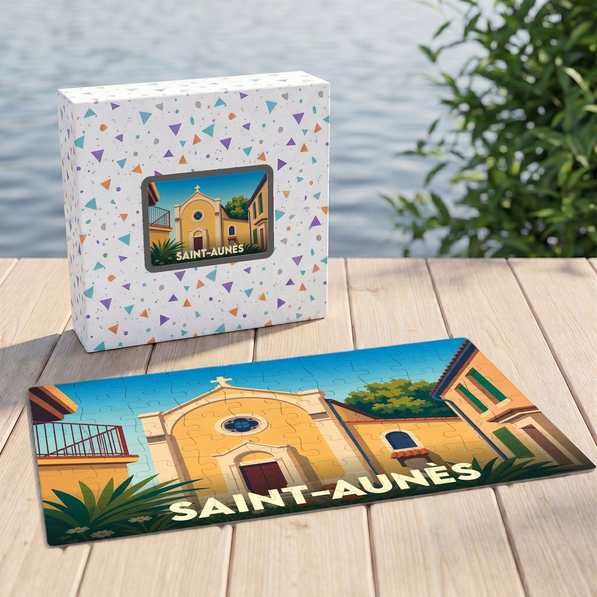 Puzzle souvenir de la ville de Saint-Aunès avec une illustration stylisée de son église.
