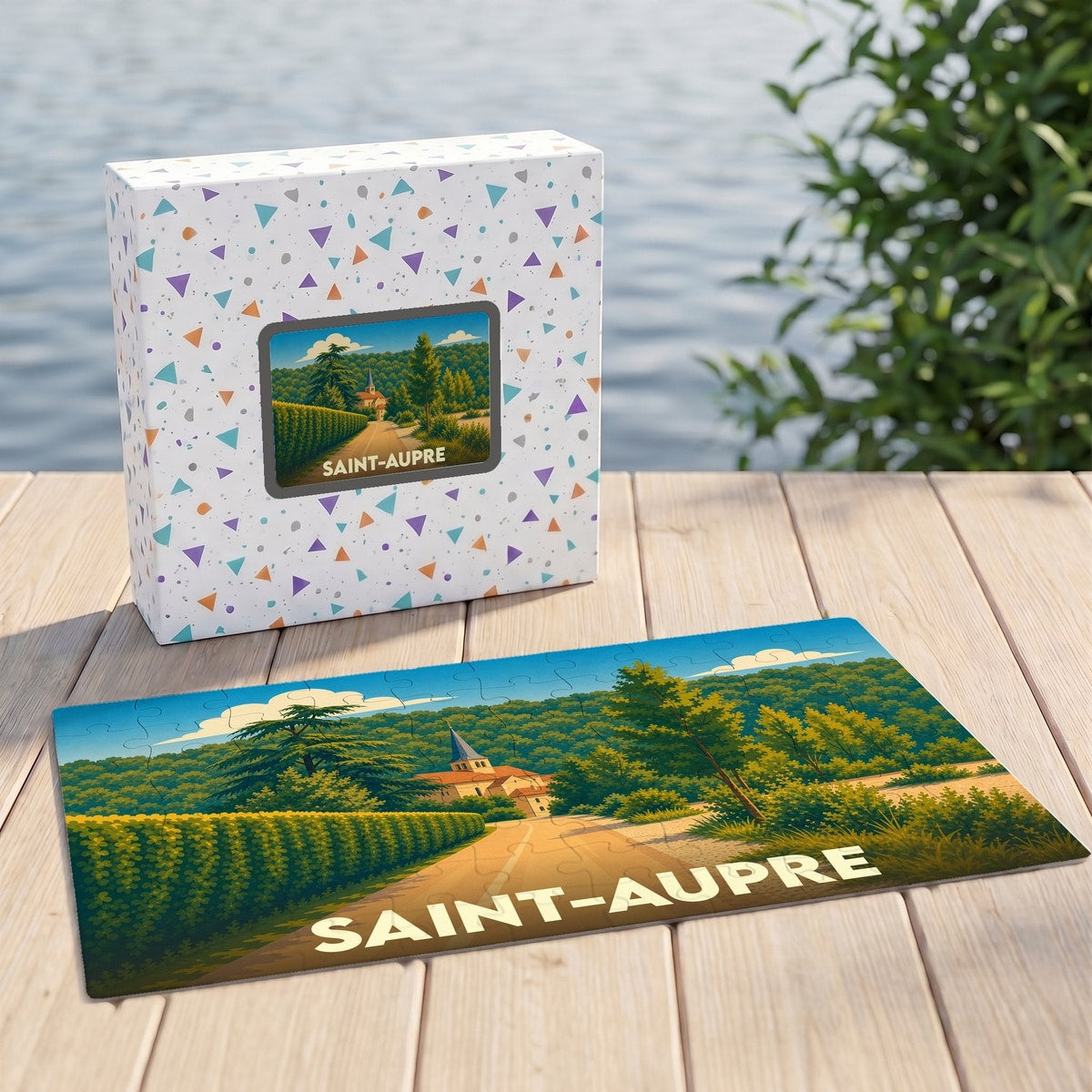 Puzzle souvenir de la ville de Saint-Aupre illustré par un paysage champêtre coloré.