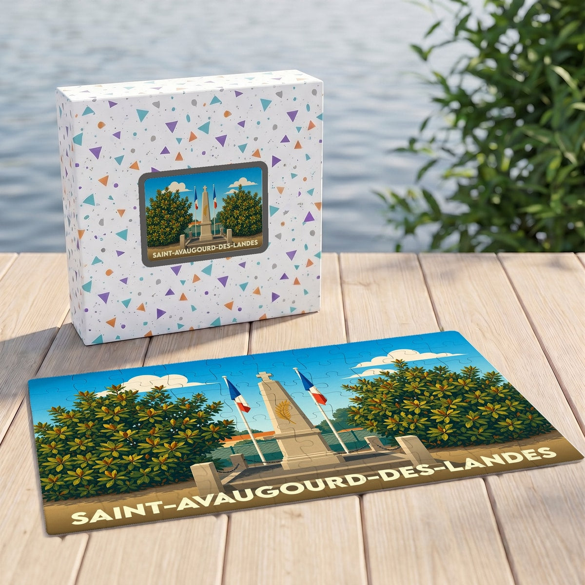 Puzzle souvenir de la ville de Saint-Avaugourd-des-Landes avec une illustration stylisée de son monument aux morts.