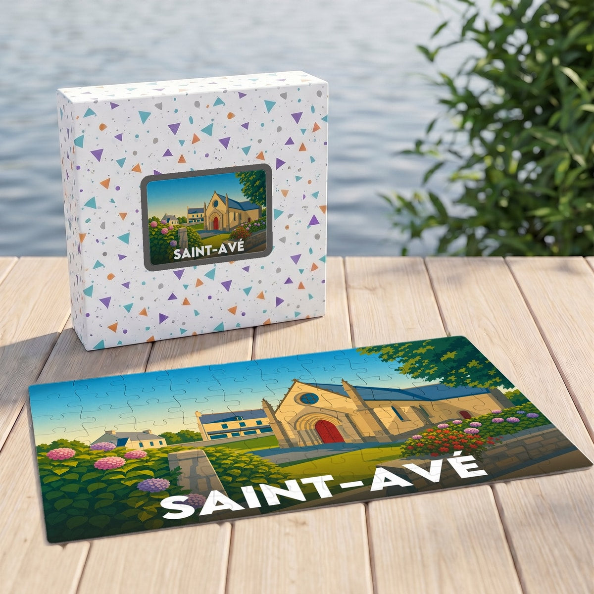 Puzzle souvenir de la ville de Saint-Avé présentant une illustration stylisée de son église et de ses paysages fleuris.
