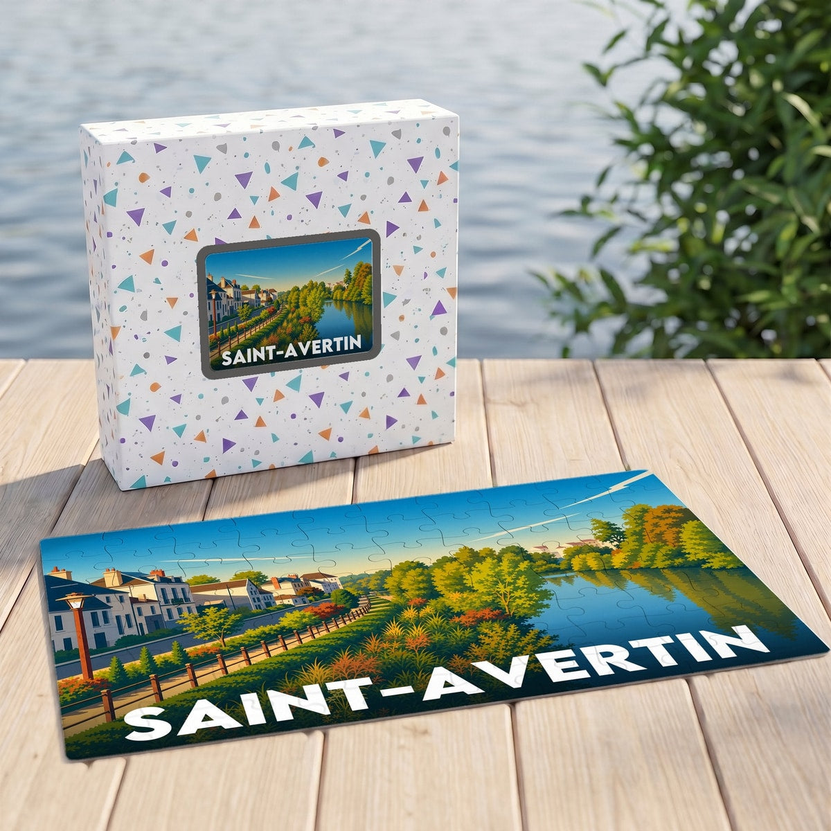Puzzle souvenir de la ville de Saint-Avertin présentant une illustration stylisée d'un paysage de bord d'eau.