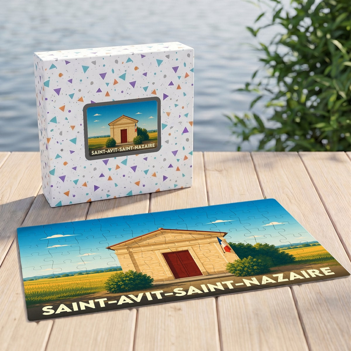 Puzzle souvenir de la ville de Saint-Avit-Saint-Nazaire avec une illustration stylisée de son patrimoine.