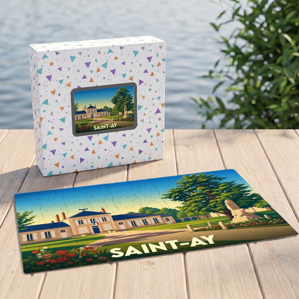 Puzzle souvenir de la ville de Saint-Ay présentant une illustration colorée et stylisée de la mairie.