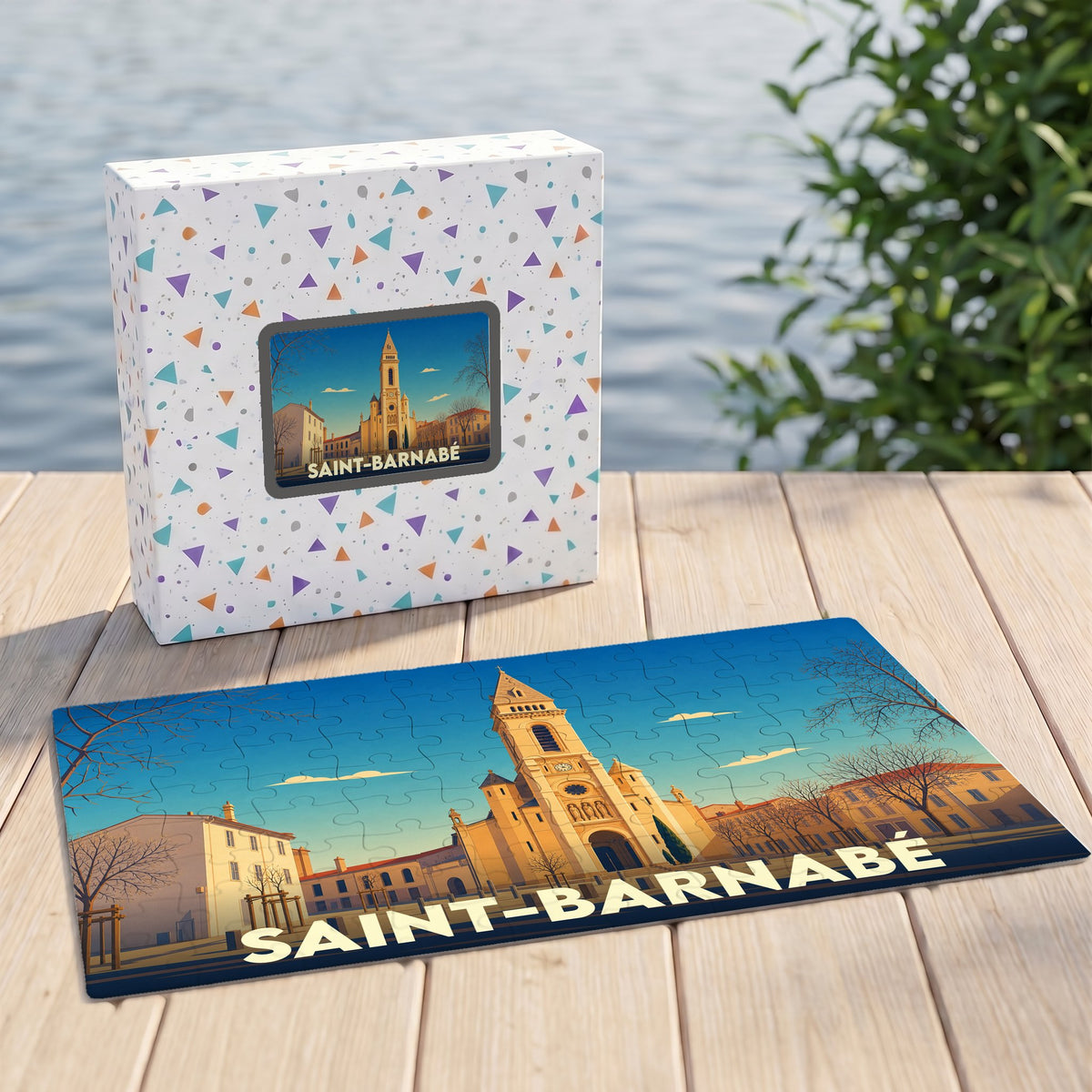 Puzzle souvenir de la ville de Saint-Barnabé avec une illustration stylisée d'une église.