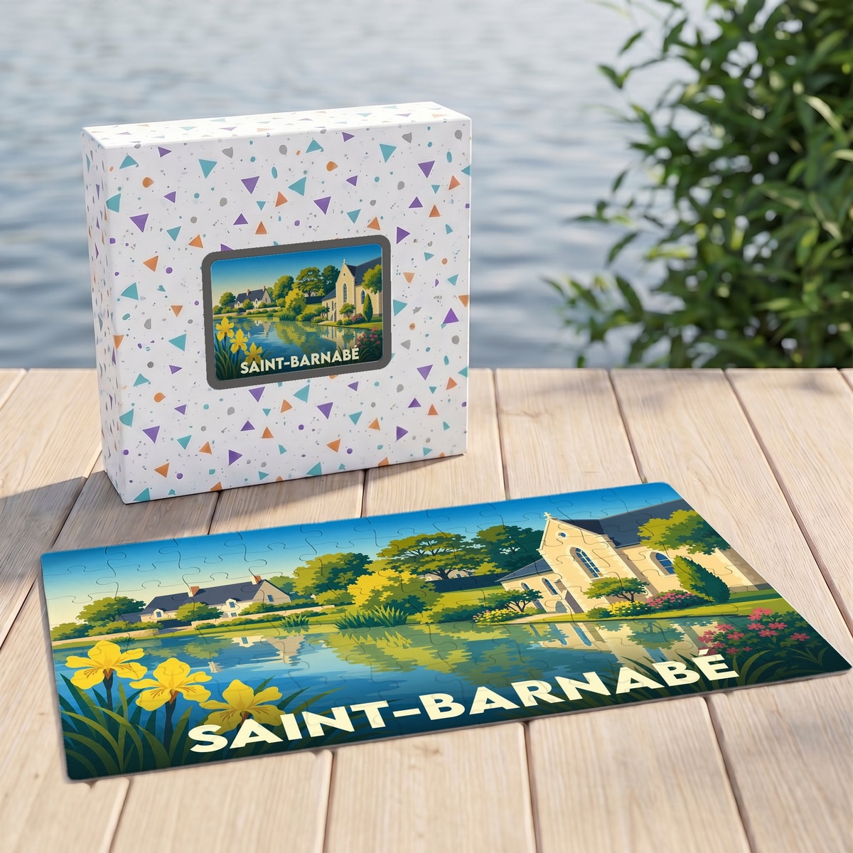 Puzzle souvenir de la ville de Saint-Barnabé avec une illustration stylisée d'un paysage lacustre et son église.
