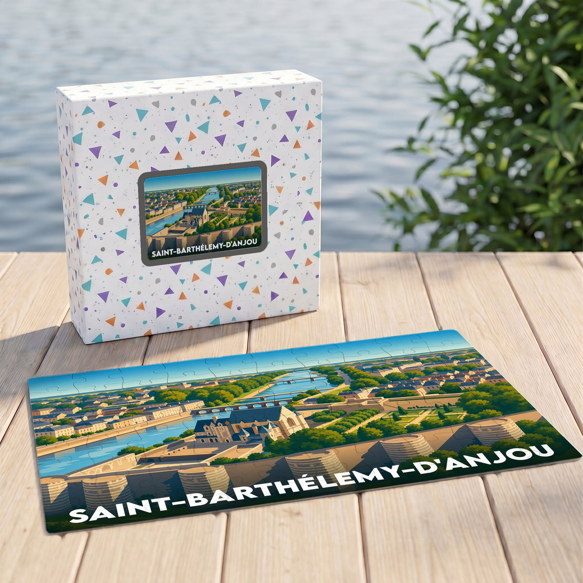 Puzzle souvenir de la ville de Saint-Barthélemy-d'Anjou avec une illustration aérienne stylisée.