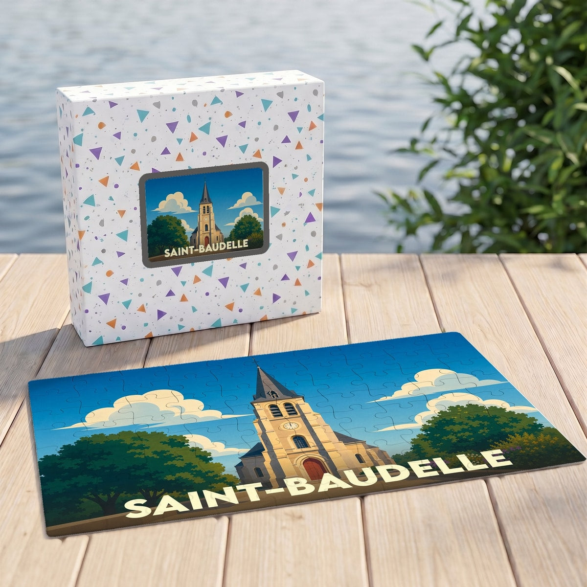 Puzzle souvenir de la ville de Saint-Baudelle avec une illustration stylisée de son église.
