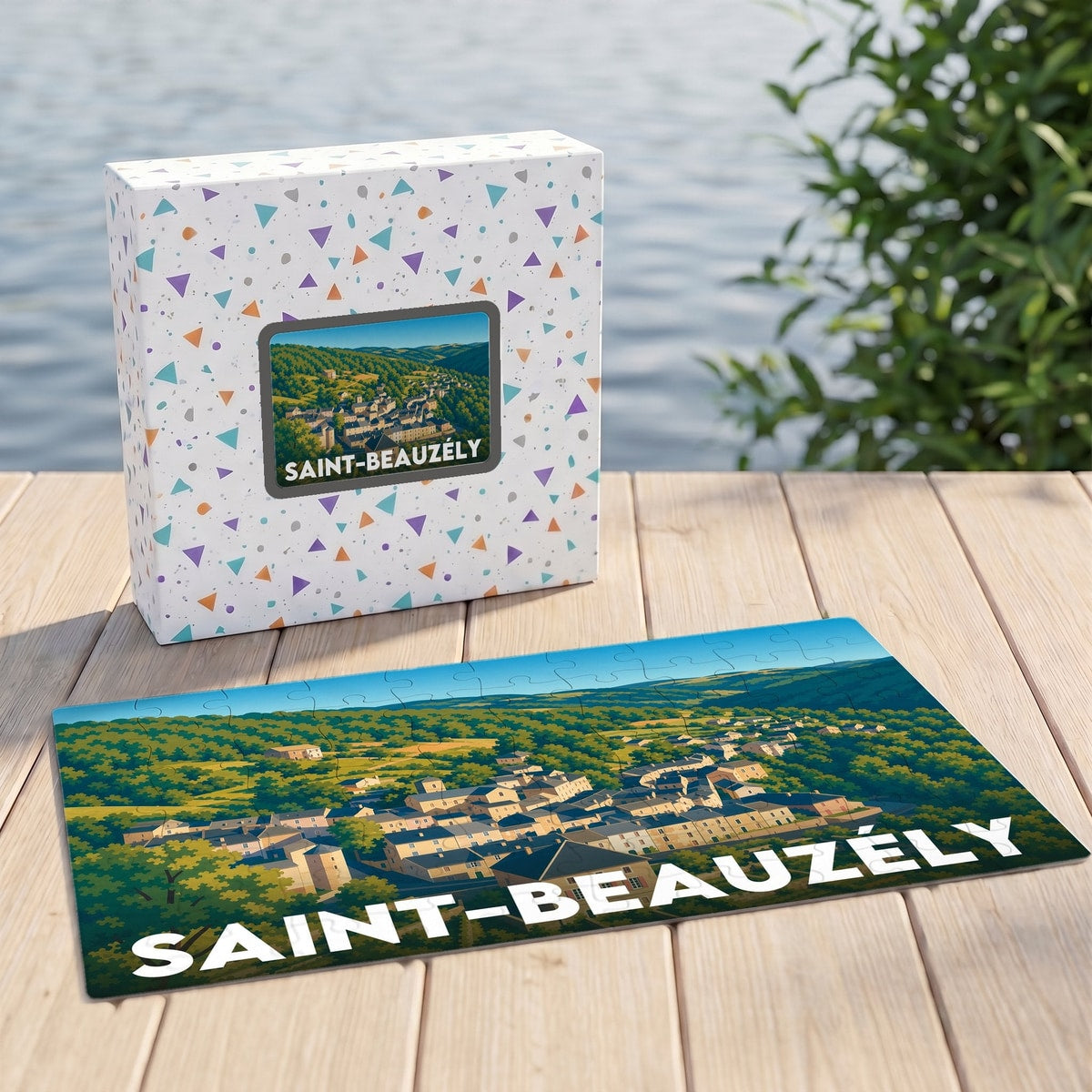 Puzzle souvenir de la ville de Saint-Beauzély avec une illustration panoramique stylisée.