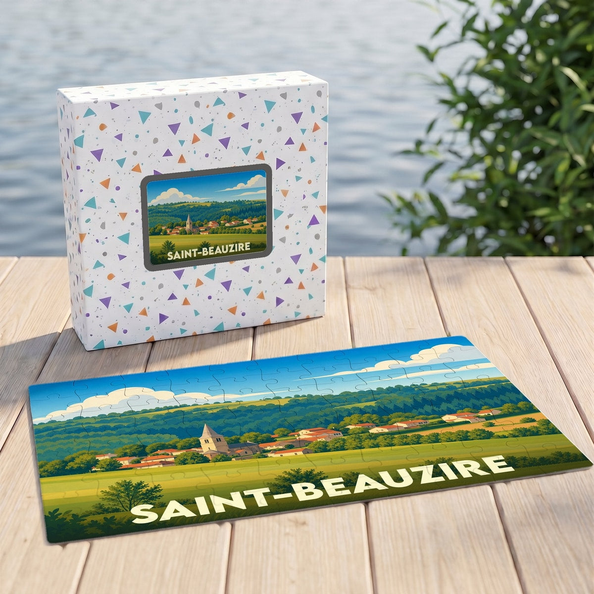 Puzzle souvenir de la ville de Saint-Beauzire présentant une illustration stylisée d'un paysage rural.