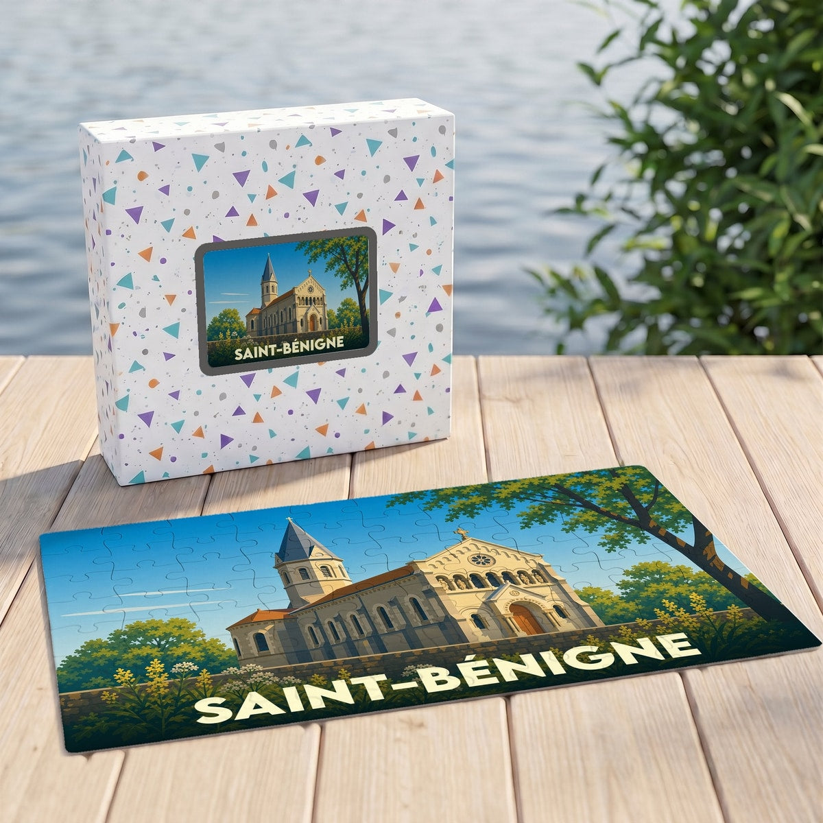 Puzzle souvenir de la ville de Saint-Bénigne avec une illustration stylisée de son église.