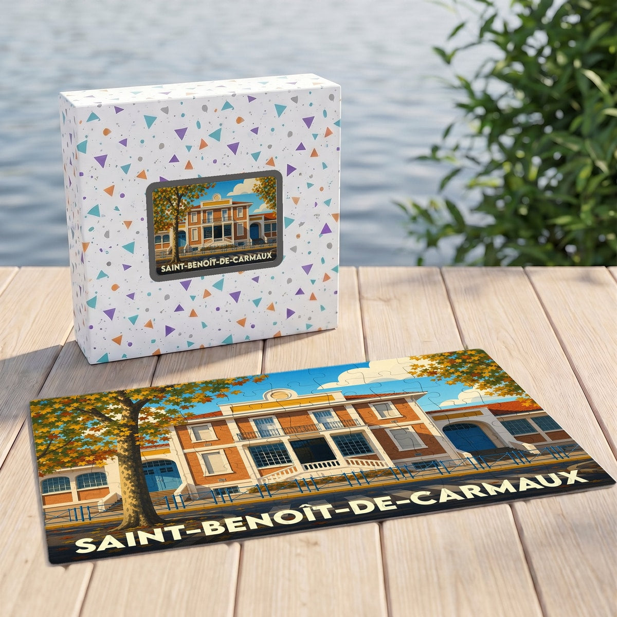Puzzle souvenir de la ville de Saint-Benoît-de-Carmaux avec une illustration stylisée de son architecture.