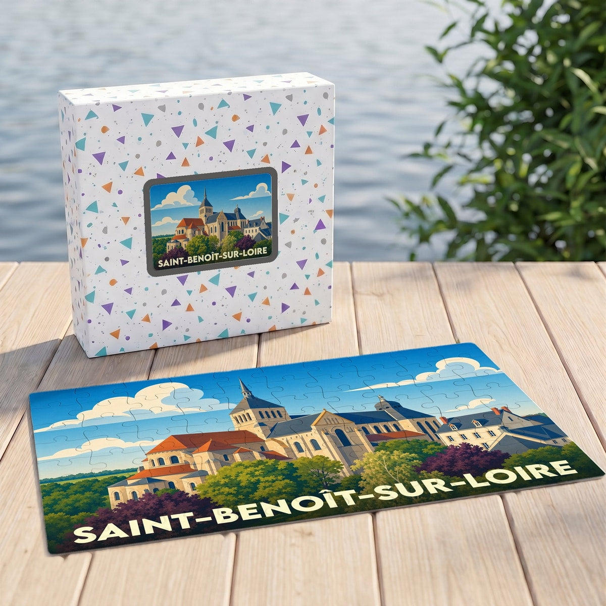 Puzzle souvenir de Saint-Benoît-sur-Loire avec son illustration stylisée de l'abbaye posée devant sa boîte assortie.