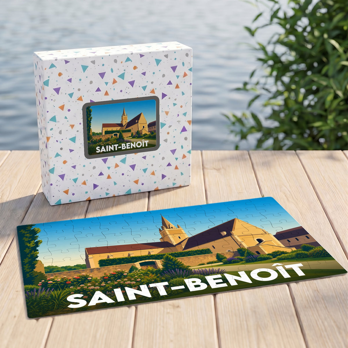 Puzzle souvenir de la ville de Saint-Benoît illustré d'un paysage stylisé de son abbaye.