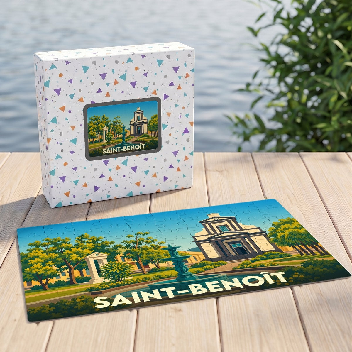 Puzzle souvenir de la ville de Saint-Benoît illustrant une place arborée avec une fontaine et un bâtiment historique.