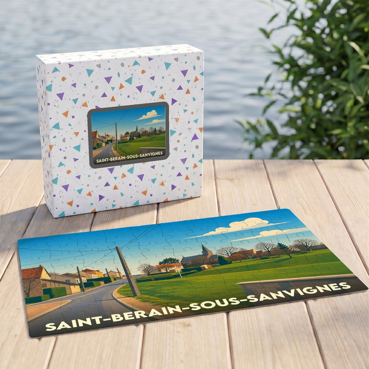 Puzzle souvenir de la ville de Saint-Berain-sous-Sanvignes avec une illustration paysagère stylisée.