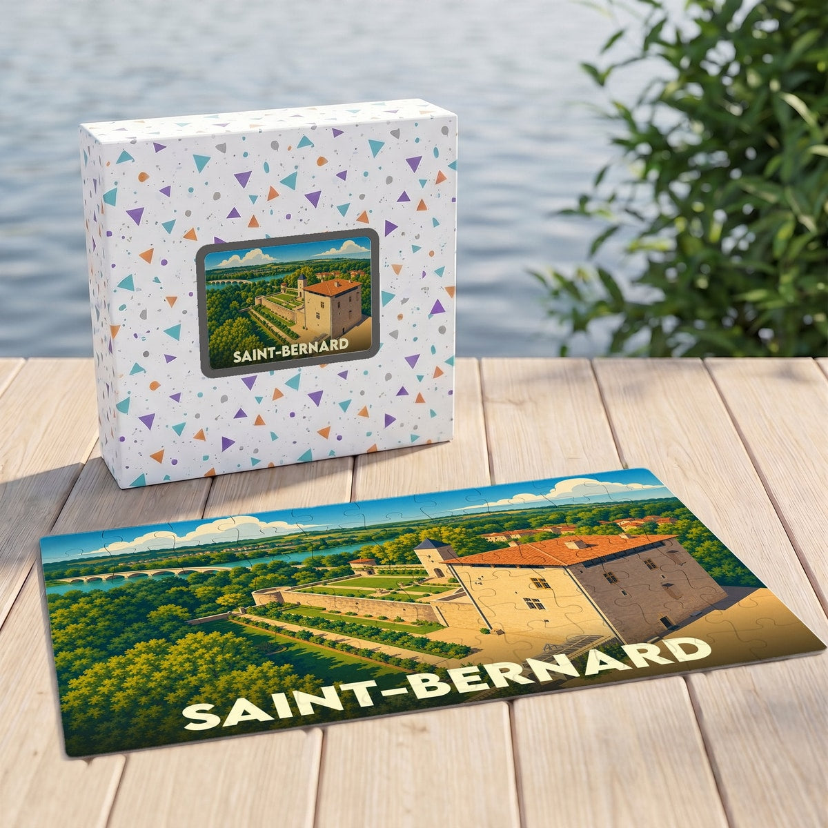 Puzzle souvenir de la ville de Saint-Bernard avec une illustration stylisée d'un château en bord de rivière.