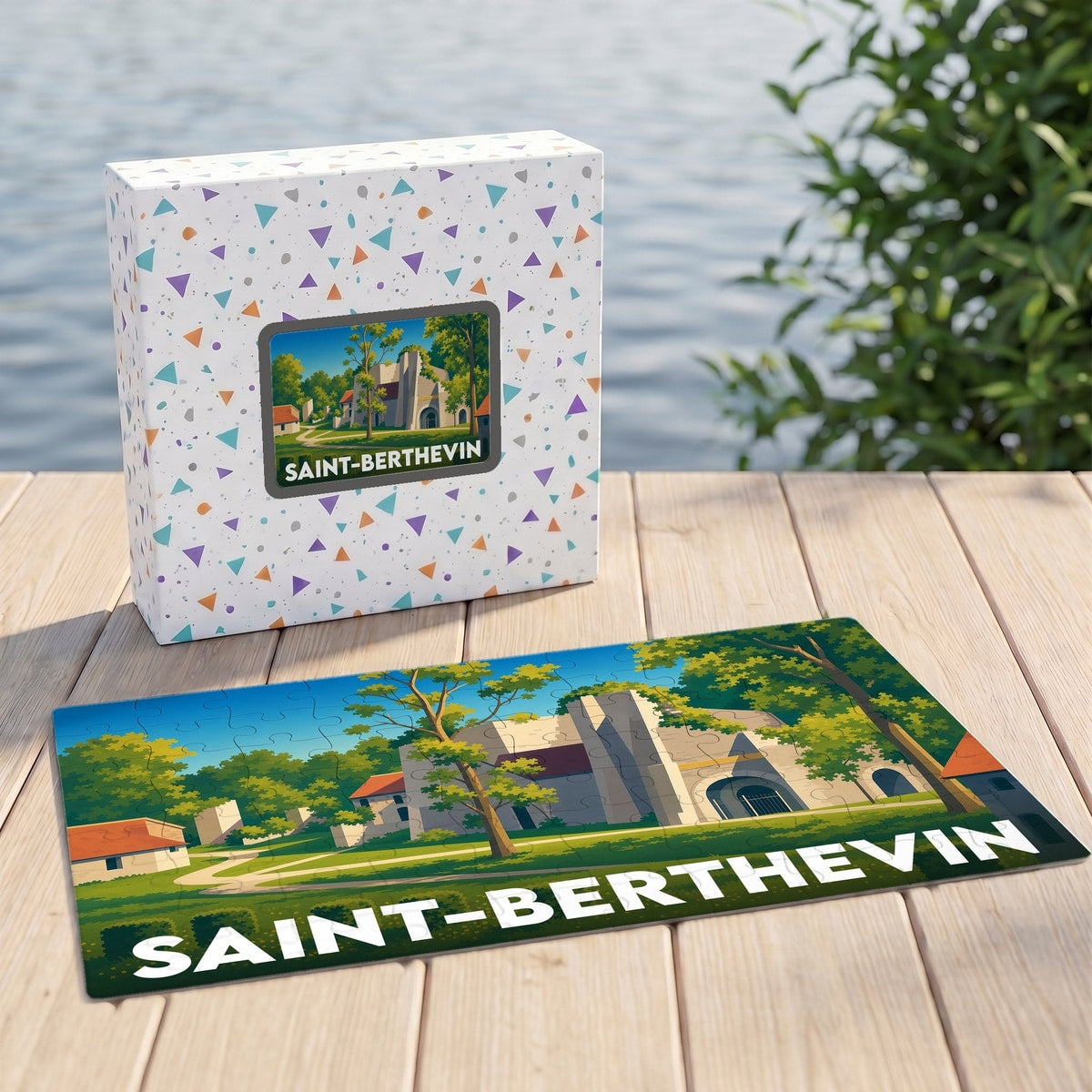 Puzzle souvenir de la ville de Saint-Berthevin avec une illustration stylisée d'un bâtiment historique entouré de verdure.