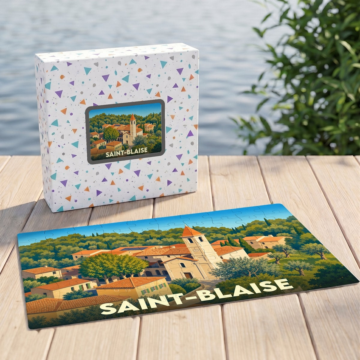 Puzzle souvenir de la ville de Saint-Blaise avec une illustration stylisée d'un village provençal.