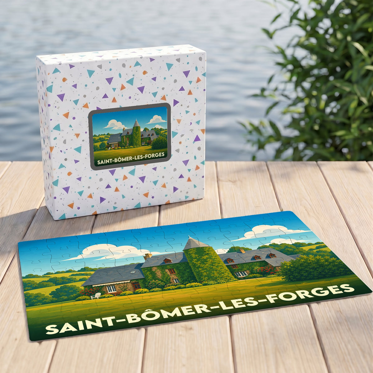 Puzzle souvenir de la ville de Saint-Bômer-les-Forges avec une illustration stylisée de son paysage champêtre.
