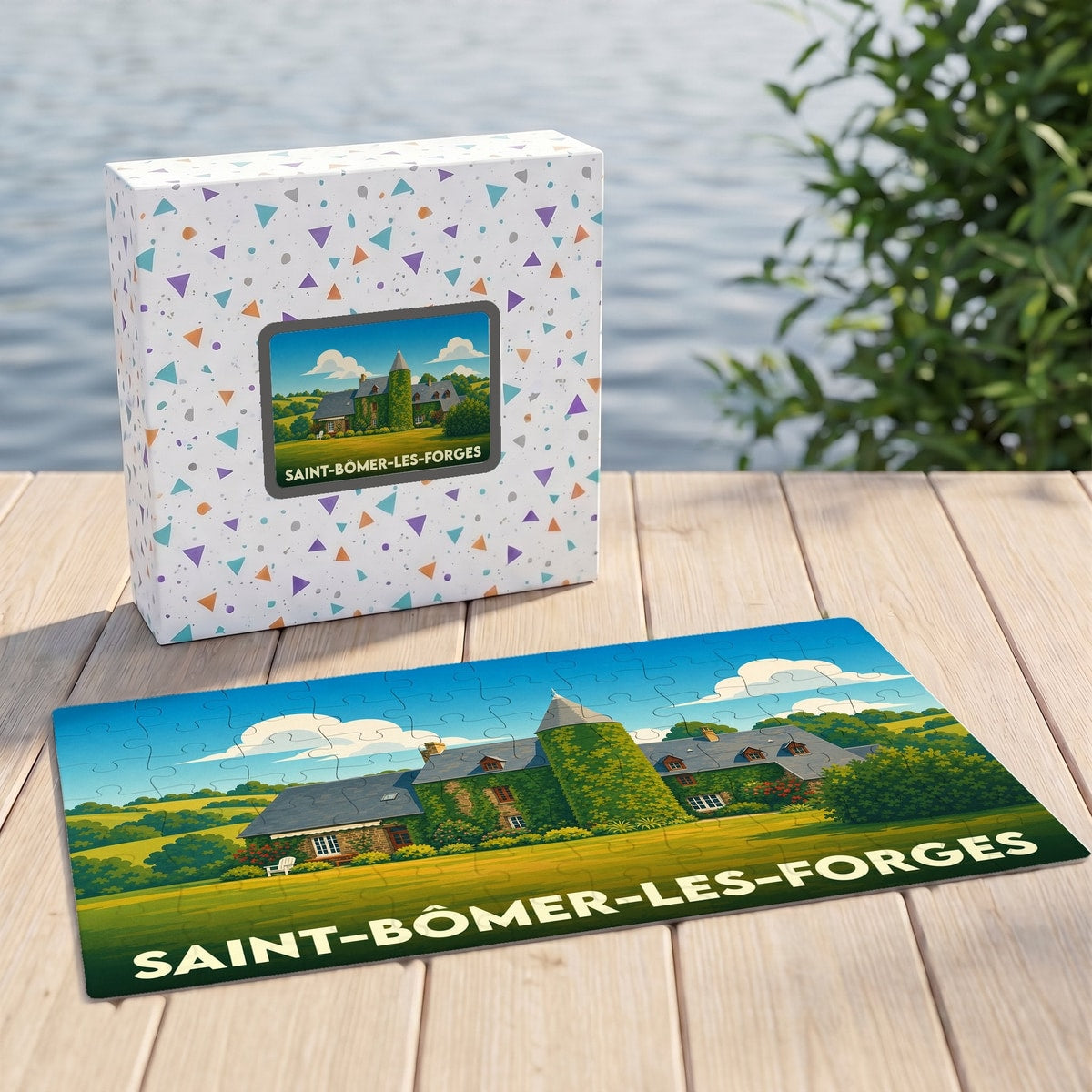 Puzzle souvenir de la ville de Saint-Bômer-les-Forges avec une illustration stylisée de son paysage champêtre.