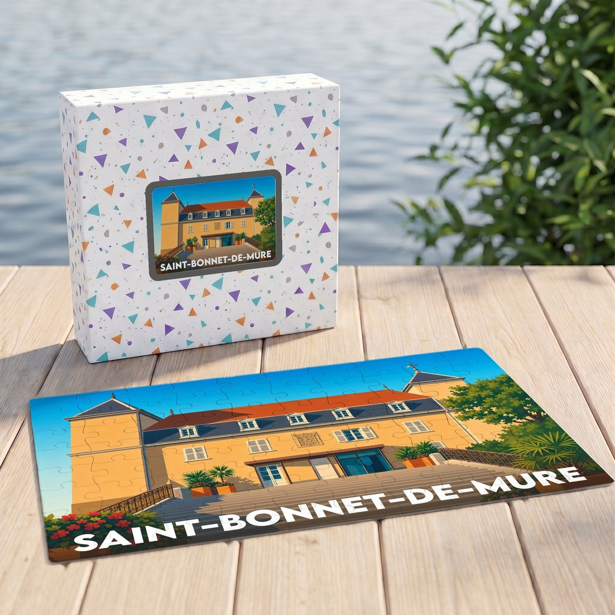 Puzzle souvenir de la ville de Saint-Bonnet-de-Mure avec une illustration stylisée de son château.