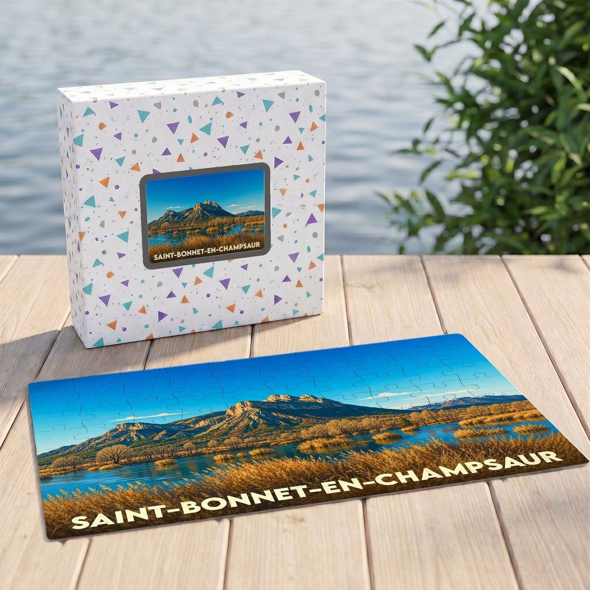 Puzzle souvenir de la ville de Saint-Bonnet-en-Champsaur illustré par un paysage de montagne bordant un lac.