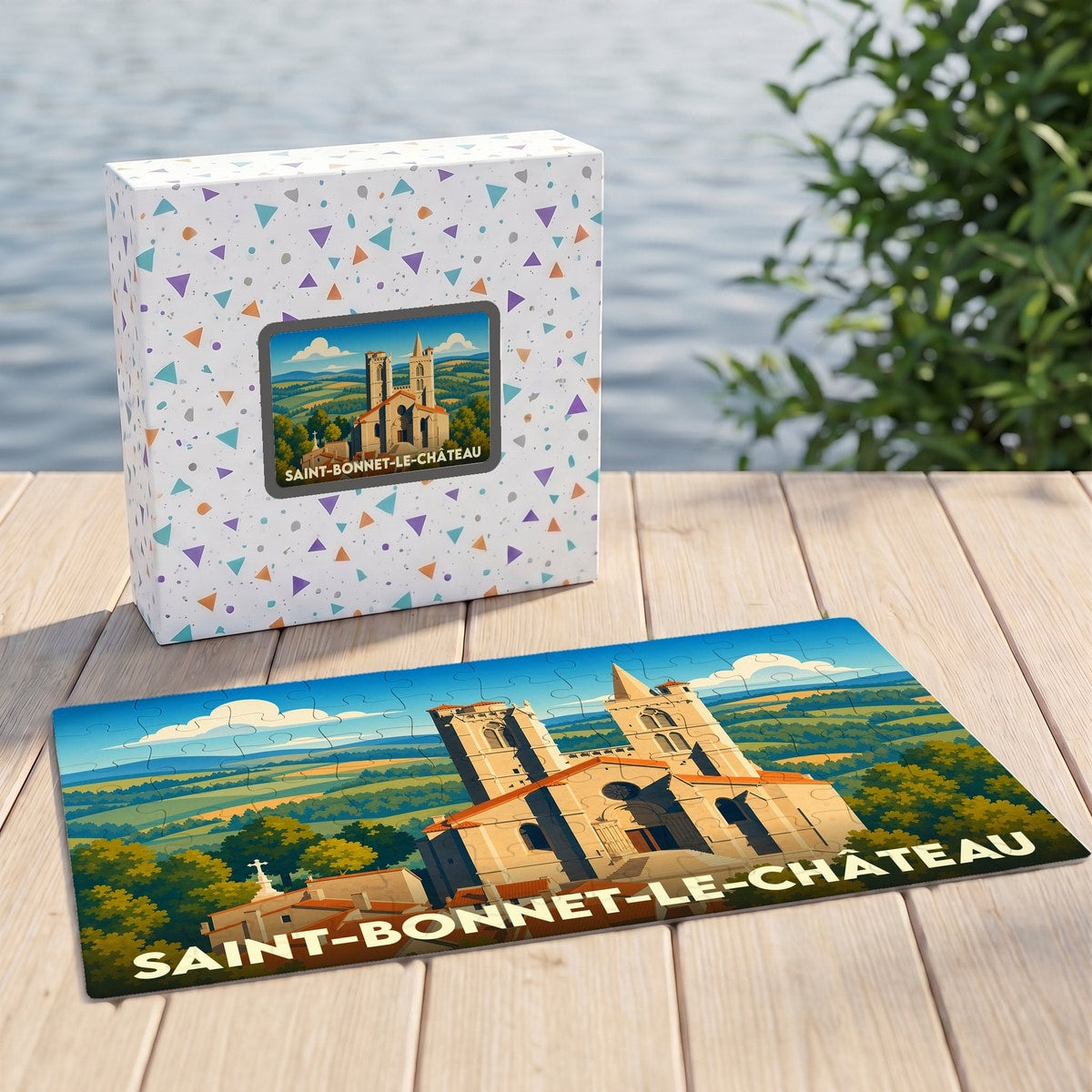 Puzzle souvenir de la ville de Saint-Bonnet-le-Château avec une illustration stylisée de son église collégiale.