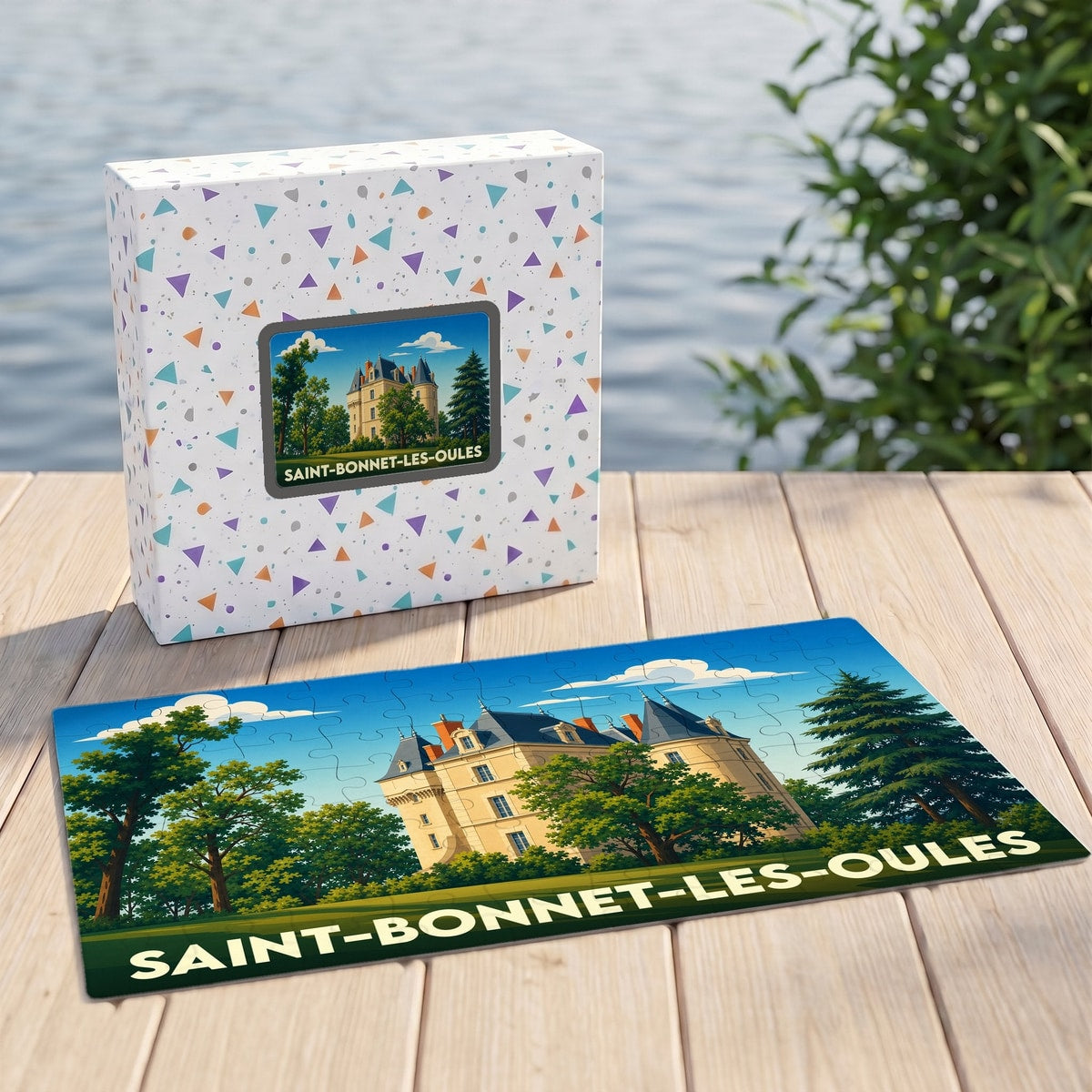 Puzzle souvenir de la ville de Saint-Bonnet-les-Oules avec une illustration stylisée d'un château.
