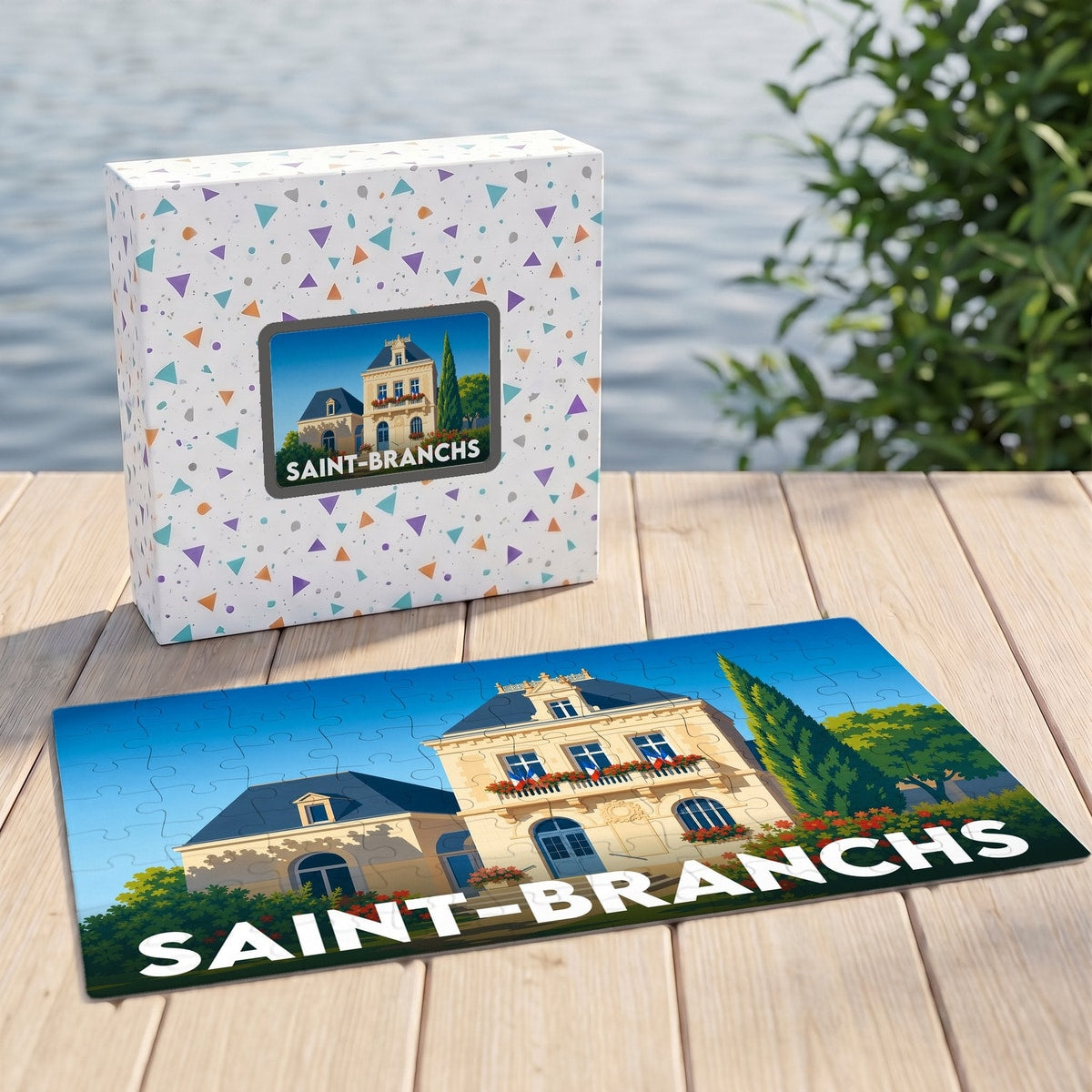 Puzzle souvenir de la ville de Saint-Branchs avec une illustration stylisée d'un bâtiment remarquable.