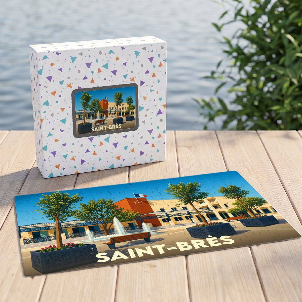 Puzzle souvenir de la ville de Saint-Brès avec son illustration colorée et sa boîte assortie.