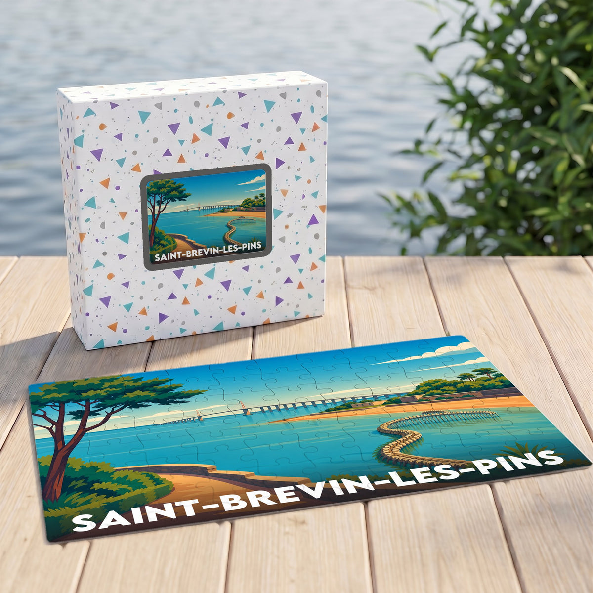 Puzzle souvenir de la ville de Saint-Brevin-les-Pins illustrant le pont et le serpent d'océan dans un style graphique.
