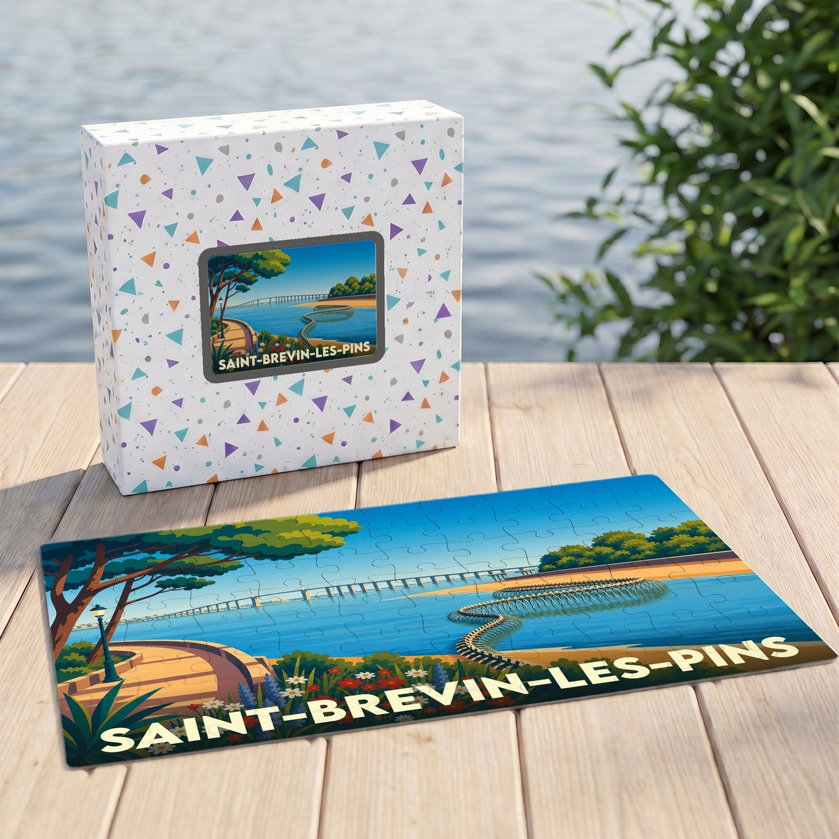 Puzzle souvenir de la ville de Saint-Brevin-les-Pins illustrant le Serpent d'Océan et le pont de Saint-Nazaire.