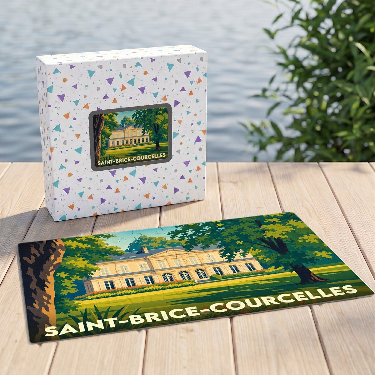 Puzzle souvenir de la ville de Saint-Brice-Courcelles avec une illustration stylisée de son patrimoine architectural.