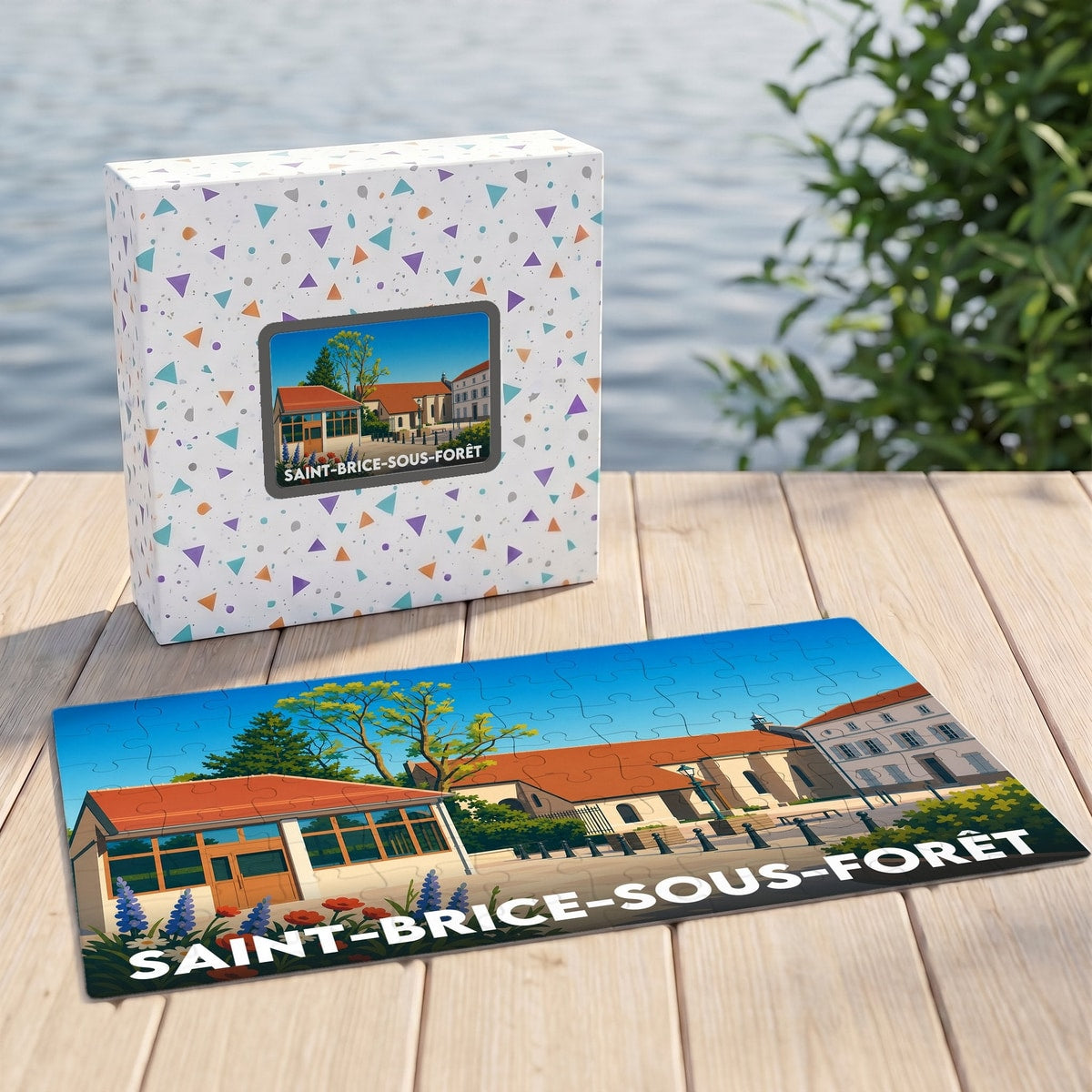 Puzzle souvenir de la ville de Saint-Brice-sous-Forêt accompagné de sa boîte, illustré d'un paysage urbain coloré.