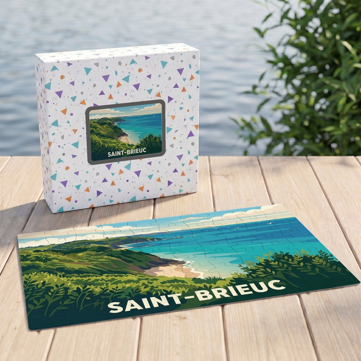Puzzle souvenir de la ville de Saint-Brieuc avec une illustration stylisée d'un paysage côtier breton.