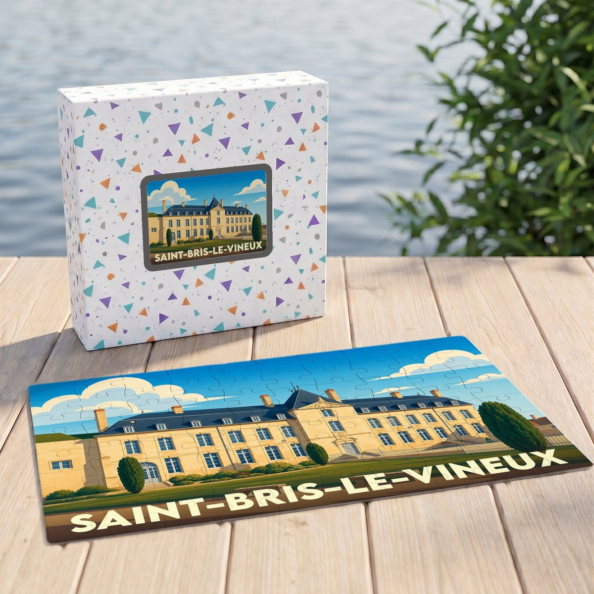 Puzzle souvenir de la ville de Saint-Bris-le-Vineux représentant une illustration stylisée de son château.