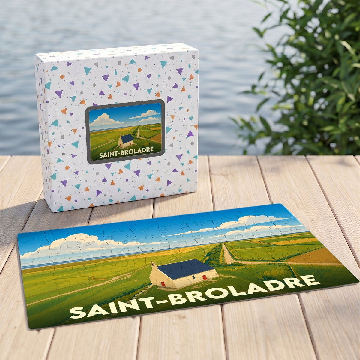 Puzzle souvenir de la ville de Saint-Broladre avec une illustration stylisée de son paysage côtier.