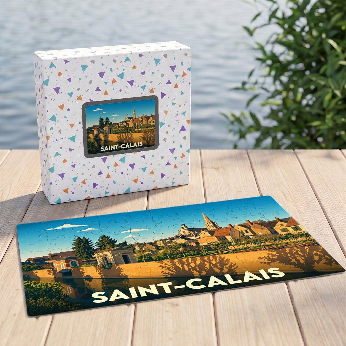 Puzzle souvenir de la ville de Saint-Calais représentant une illustration stylisée du bord de l'eau.